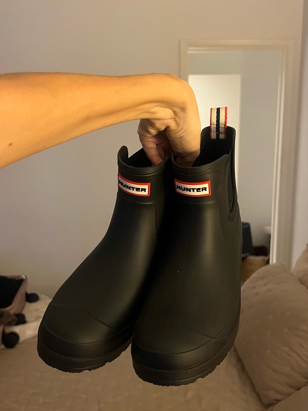Hunter Black Chelsea Short Rain Boots with Red-Trim Logo